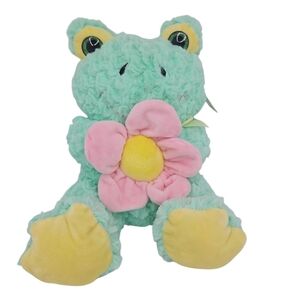 Plush Green and Pink Stuffed Frog with Flower 10.5" Easter